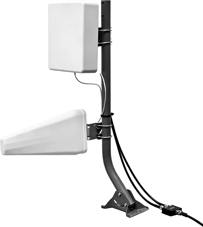 Panel and log-periodic donor antennas mounted on a pole with an inline lightning surge protector.