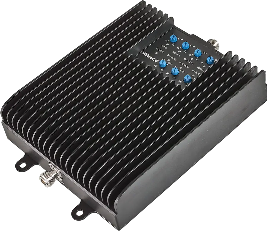 SureCall Fusion Professional 5G booster with blue per-band gain dials.